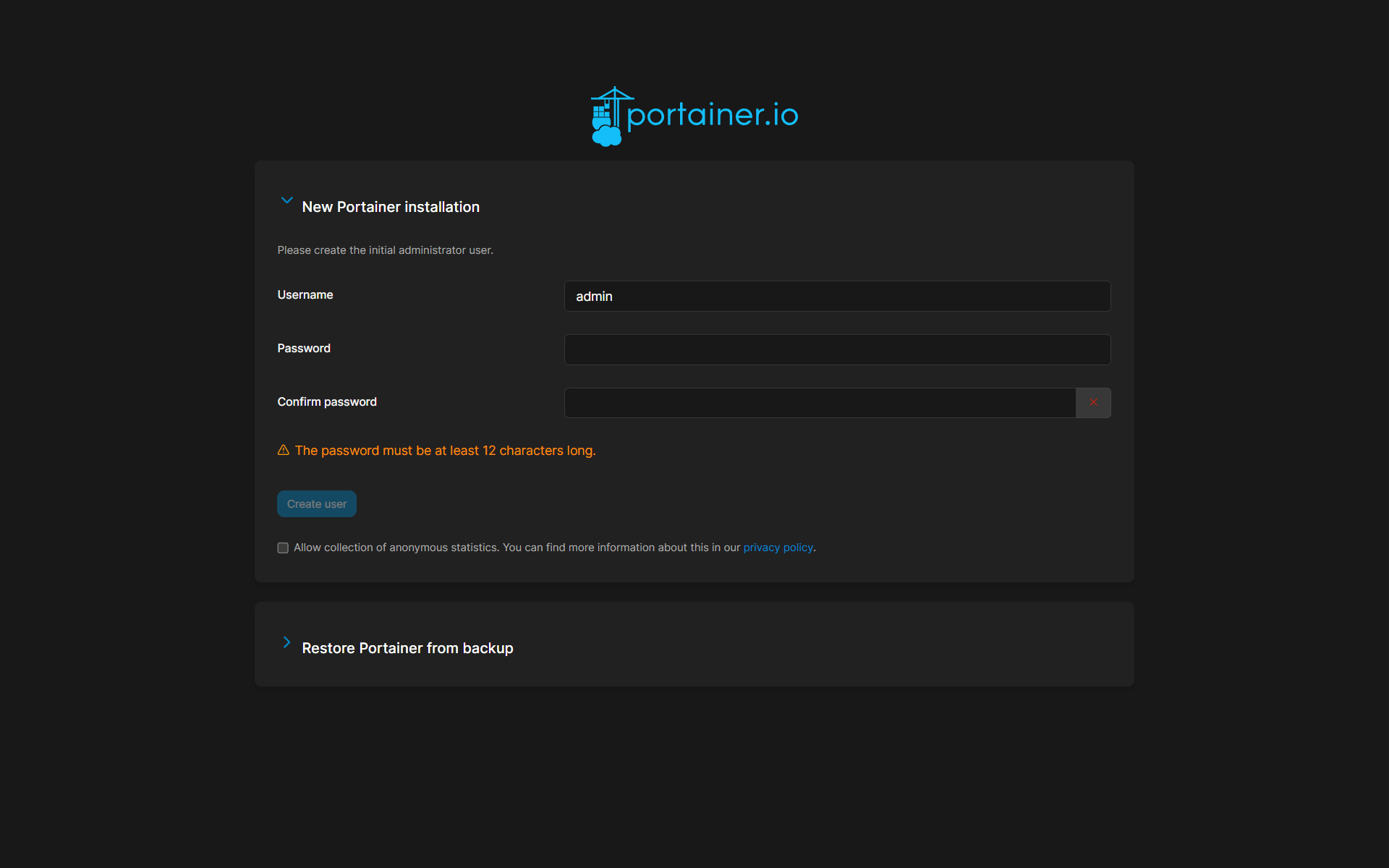 setup screen of Portainer